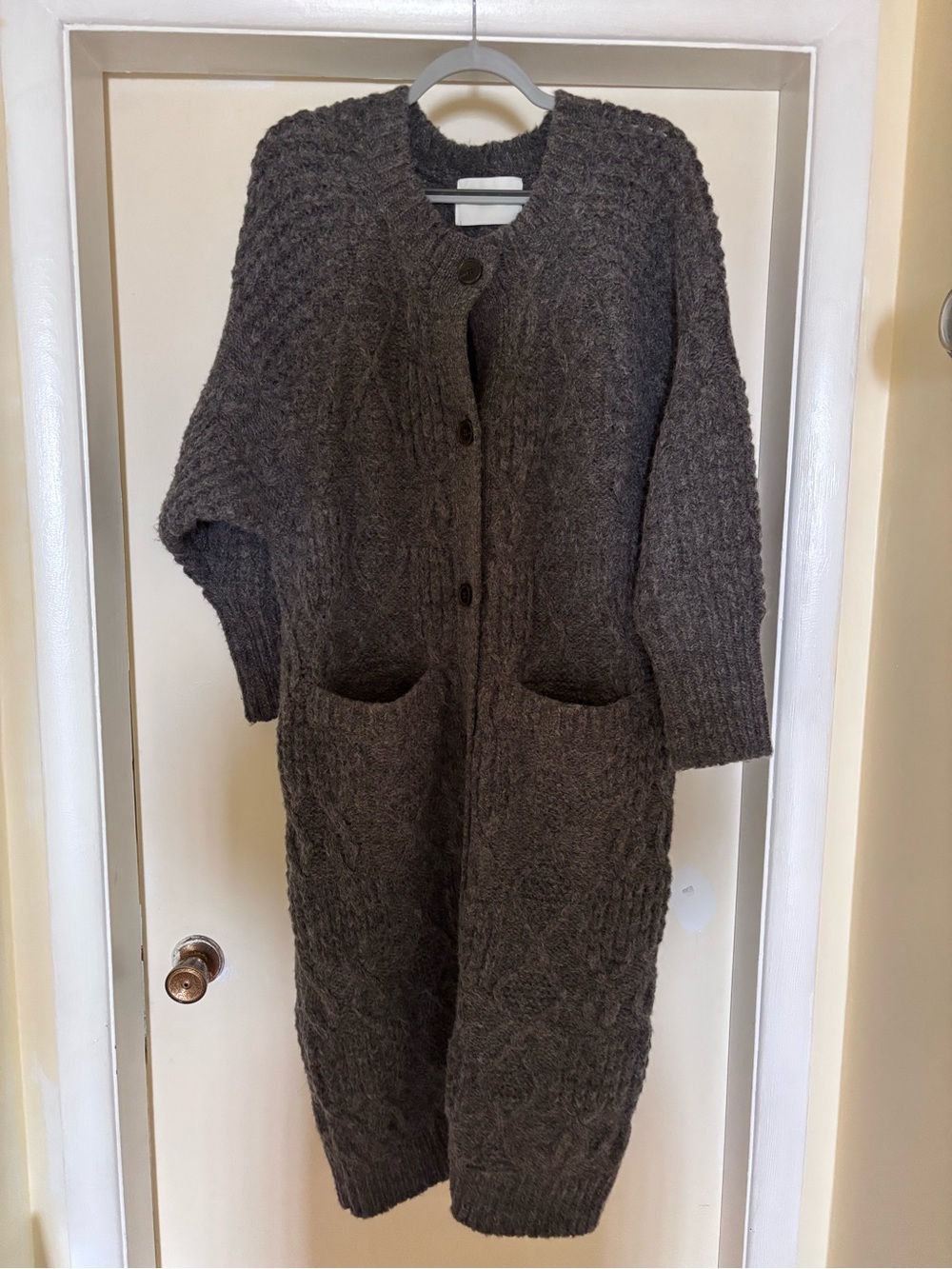 Long Chunky Cable Knit Cardigan Sweater in Dark Grey/Brown